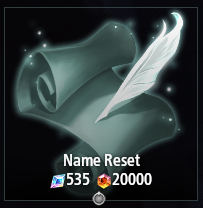 A screenshot of the Name Reset function. The icon is a spread-out scroll of blank parchment with a white quill hovering over it. The text says "Name Reset", and lists the two possible prices: 535 Premium Essence or 20000 Essence.