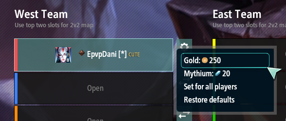 The menu activated by the gear icon on player slots. The current menu displays from top to bottom: "Gold: [gold icon] 250", "Mythium: [mythium icon] 20", "Set for all players", and "Restore defaults".