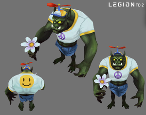 The Friendly Brute skin from three angles. The brute is wearing a white T-shirt with a purple peace sign on the front and a yellow smiley face on the back. It's also wearing denim shorts and a propeller cap (yellow, white, and blue with a red propeller). It's carrying a white daisy.