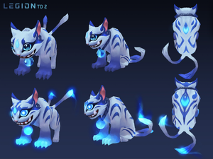 An image of the Nekomata Water Spirit skin from six angles. Nekomata's markings are now blue, as are its eyes and the jewels on its back, forehead, and collar. The jewels and eyes now glow.