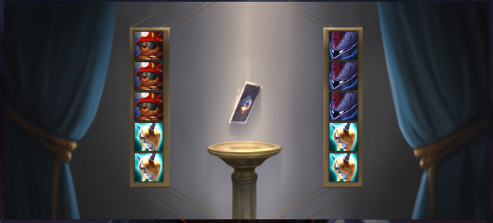 menu for equipping monument. There are two columns of five squares on either side of a card floating over a pedestal. The scene is framed with curtains. The column on the left, from top to bottom, has three Safety Mole icons and two Sacred Steed icons. The column on the right, from top to bottom, has three Carapace icons and two Sacred Steed icons