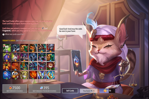 Screenshot of the Card Trader. The Trader himself is a catlike humanoid with light brown and white fur. He's wearing a red-trimmed white turban accessorized with a bronze paw print and blue feather. His purple robes are paired with a red sash and scarf. He's holding a card with its back to the player in one hand; in the other hand, he is using scales to weigh essence and premium essence (orange and clear gems). His speech bubble says "Good luck! And may the odds be ever in your favor." To the left are an array of cards for sale, including a timer of how long they will be available. The explanatory text reads: "The Card Trader offers you a random card from 24 cards everyday. Each card has an equal chance of being picked. Each time you unlock a random card, you also gain Card Fragments, which you may spend to unlock a card of your choice." (there is also a Help tooltip labeled "What are cards used for?") Of the 24 cards, 1 is a secret card, 2 are 5 star cards, 6 are 4 star cards, 5 are 3 star cards, and the rest are 2 star cards. At the bottom of the screen are options to buy cards with essence or premium essence, a button to sell cards, total card fragments (that can be used to buy cards), and Trader pity points (which can be used to gain card fragments; icon is a sad emoji hugging a heart).