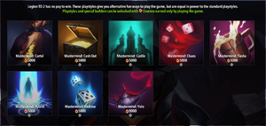 A screenshot of eight unlockable Mastermind playstyles: "Mastermind: Cartel" (a ripped brown sack with gold coins spilling out), "Mastermind: Cash Out" (a brown treasure chest open to reveal gold inside), "Mastermind: Castle" (A castle with a central tower and two spires against a green background), "Mastermind: Chaos" (a red whirlwind full of dice), "Mastermind: Fiesta" (a brown wooden mug with frothy beer splashing out), "Mastermind: Hybrid" (a humanoid silhouette in a blue beam of energy emanating from geometric interlocking circles on the ground), "Mastermind: Redraw" (a pair of dice midair, blue background), and "Mastermind: Yolo" (an old-fashioned bronze lamp associated with genies; it his wispy red energy coming out). They are all available for 5000 essence. A message at the top says: "Legion TD 2 has no pay to win. These playstyles give you alternate fun ways to play the game, but are equal in power to the standard playstyles. Playstyles and special builders can be unlocked with Essence earned only by playing the game." The first sentence is in white; the second is in green.