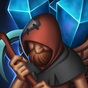 icon of a worker (bearded man with a patched cloak, a pickaxe, and a backpack of blue crystals)