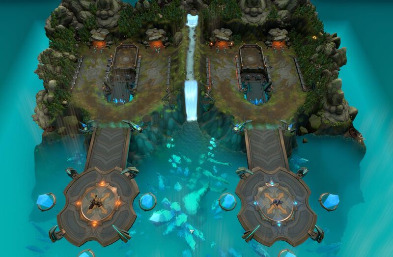 Aerial view of a 2vs2 player map. Four caves lead to four parallel lanes, with a barrier down the middle dividing each team. The team's lanes converge into a single lane that leads to the King.