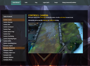 Screenshot of the landing page for the Codex. It is set to the "Game Manual" section, with "Controls: Camera" displayed. The central image is of a lane; the explanatory text reads: "Move your mouse to the screen edge to move the camera. Use the scroll wheel to zoom in/out. Alternatively, you can use the arrow keys or middle-click & drag." There is a table of contents on the left. "Controls: Camera" is highlighted. The other entries include: "Controls: Shortcut", "Controls: HUD", "Controls: Scoreboard", "Controls: Pings", "Controls: Chat", "Controls: Chat Muting", "Controls: Reporting Players", "Controls: AUTO", "Controls: Queueing Actions", "Gameplay: Legions", "Gameplay: Mastermind", "Gameplay: Fighters", "Gameplay: Fighter Icons", "Gameplay: Gold", "Gameplay: Mythium", and "Gameplay: Waves". Other sections include "Units", "King", "Legion Spells", "Emojis", and "Debug Commands (Sandbox)".