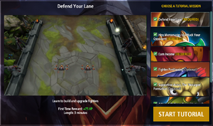 A screenshot of the landing page for the tutorials. The left side of the box consists of the tutorial preview, including the name, an image, and a descriptive caption. The "Defend Your Lane" tutorial is selected. The preview image is of two Tempests in the lane, and is described as "Learn to build and upgrade fighters First time reward: +75XP Length: 3 minutes". The right of the rectangle has stacked tile previews of other tutorials. At the top is "Defend Your Lane (REQUIRED)", with a cropped image of the Earth King. Next is "Hire Mercenaries to Attack Your Opponents (REQUIRED)" with a cropped thumbnail of the Snail. The third tile is "Earn Income (REQUIRED)" with a cropped image of Consort. The fourth is "Fighter Positioning (Optional)", with a cropped Gral. Fifth is "Supportive Auras, the 'Hexagon' Formation (Optional)", with a cropped Butcher. The next tutorial is obscured by the orange "Start Tutorial" button